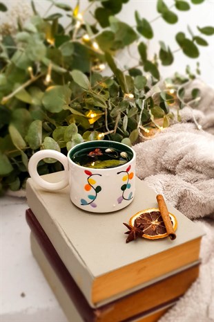 Yeni Yıl Süsü Duble Kahve Fincanı - El Yapımı Seramik - İçi Yeşil