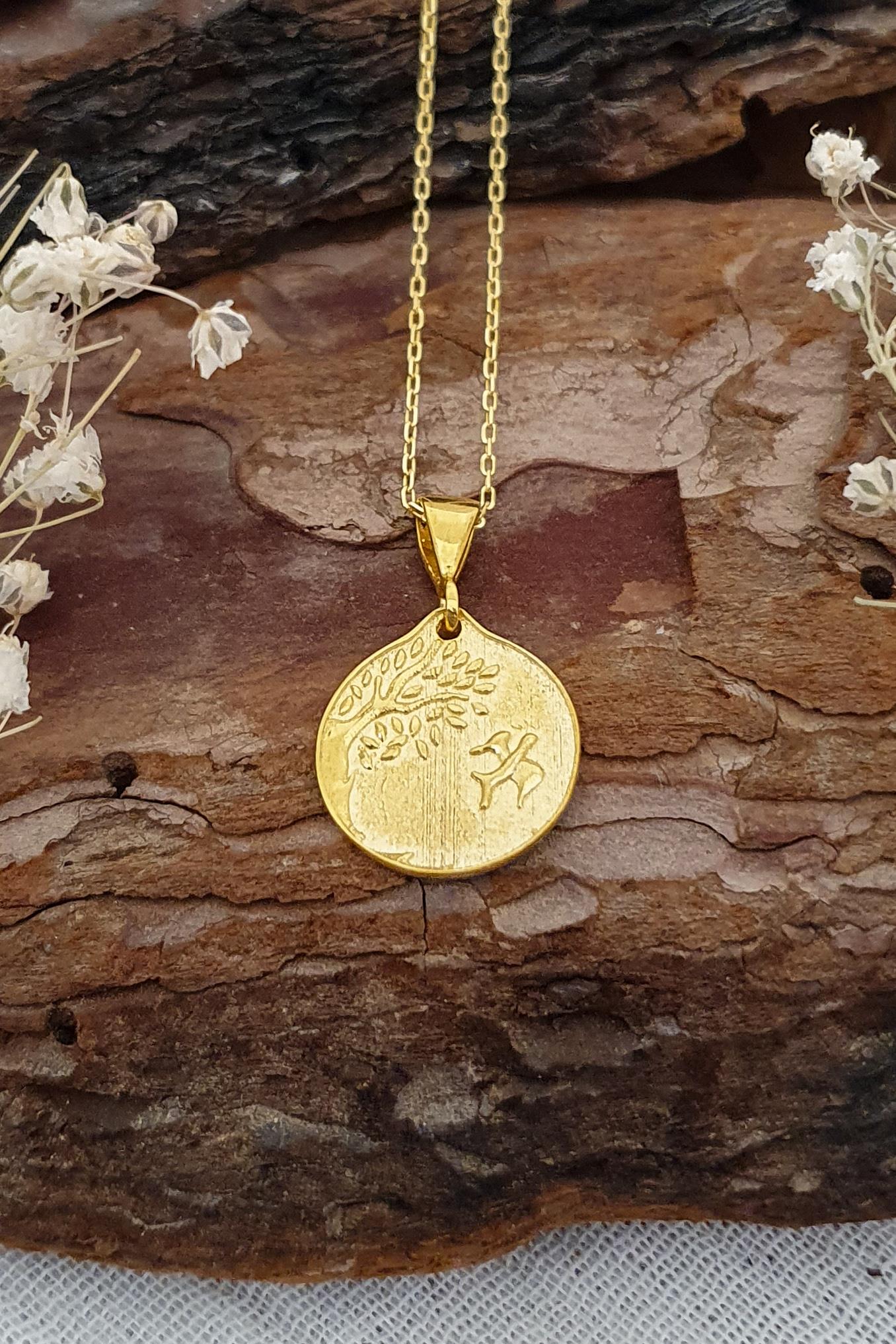 Ağaç ve Martı Kolye Gümüş Üzeri Altın Kaplama  El Yapımı