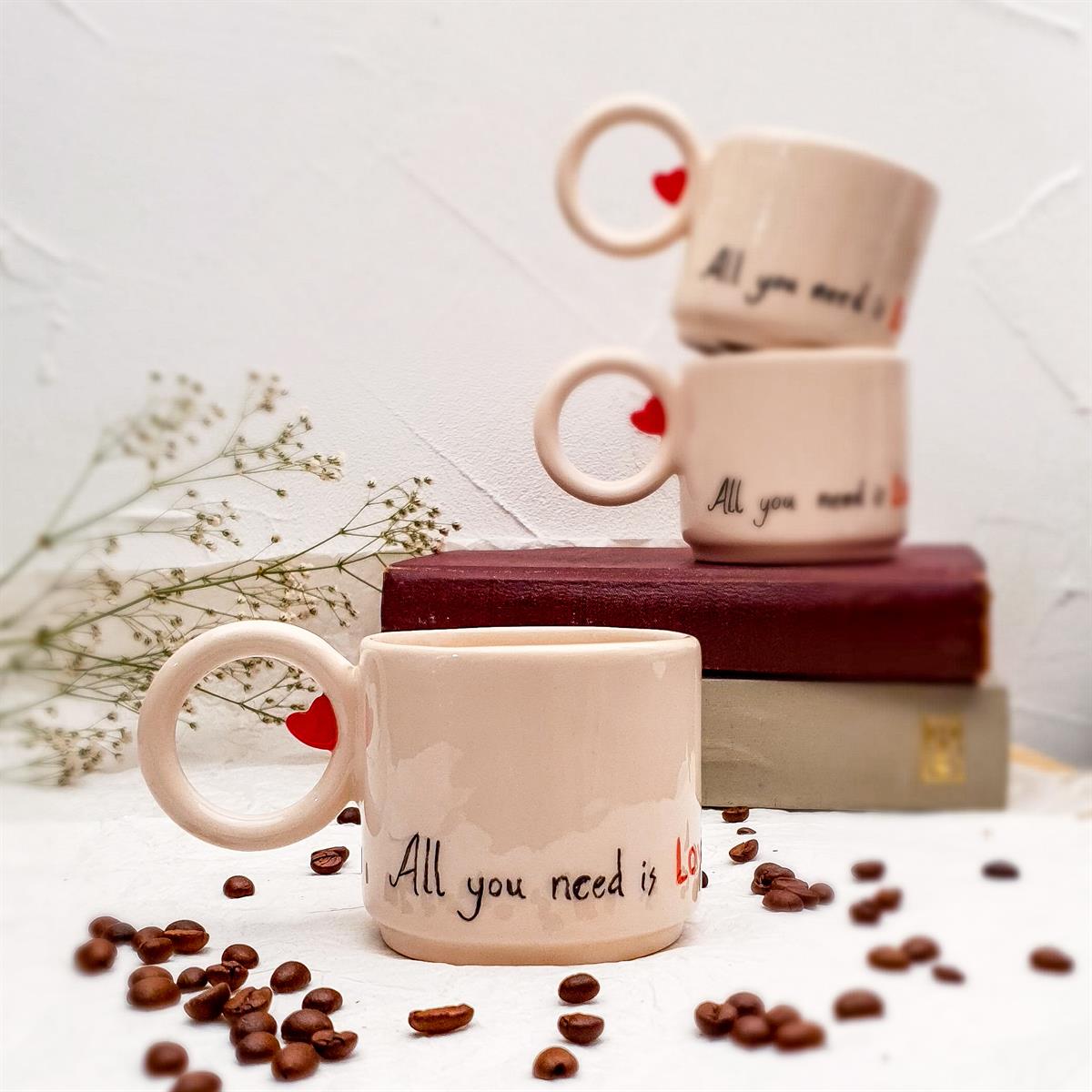 All You Need Is Love Fincan - El Yapımı Seramik - Büyük Kulplu