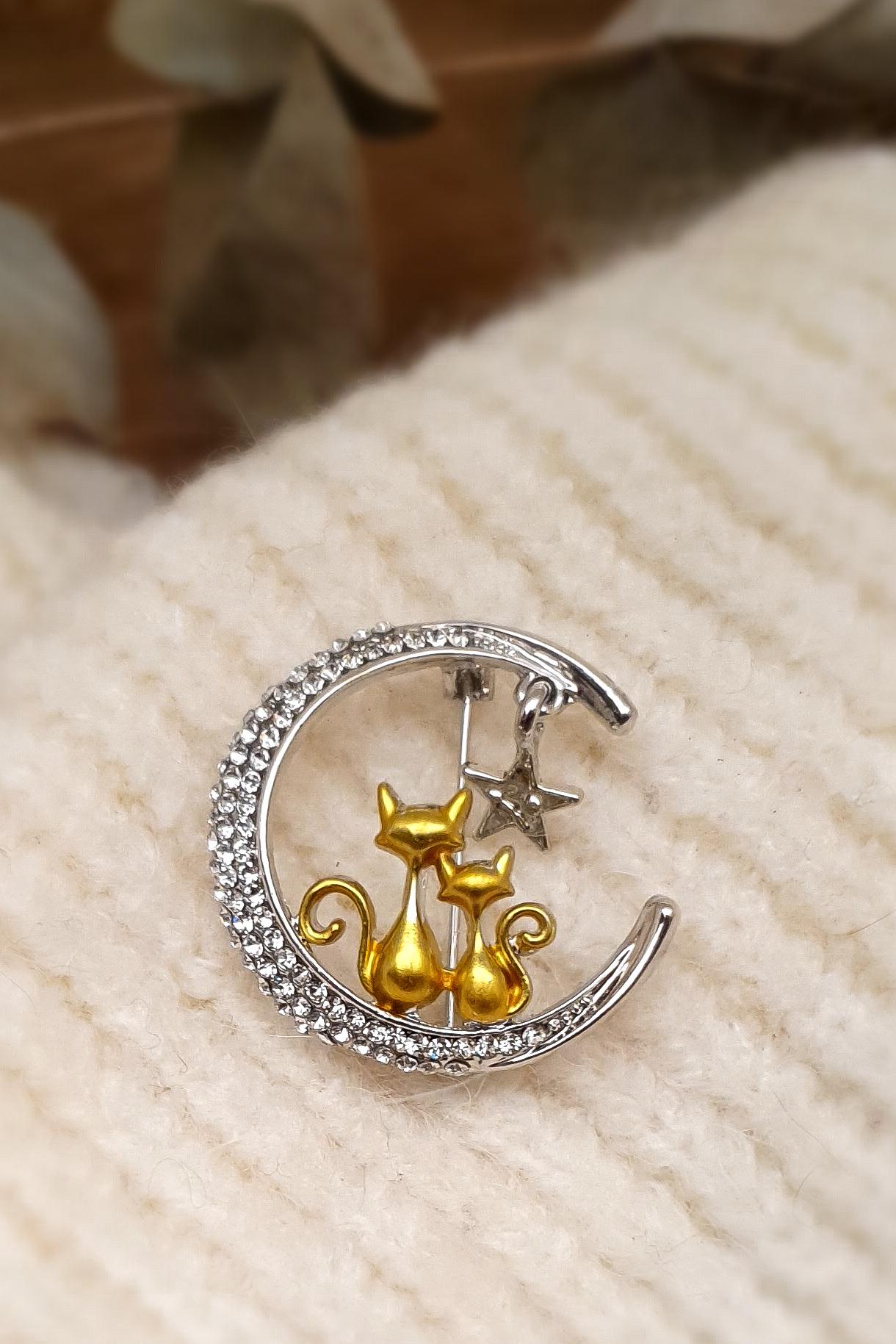 Aşık Kediler Broş - Yaka İğnesi - Zirkon Taşlı