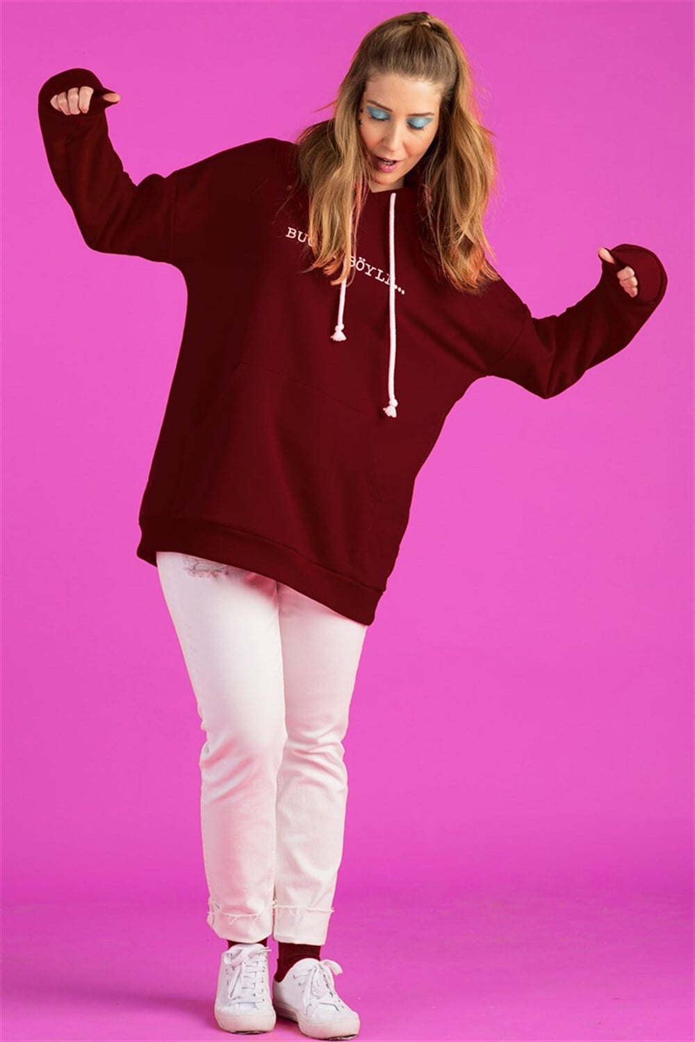BORDO KAPÜŞONLU BUGÜN BÖYLE SWEATSHIRT