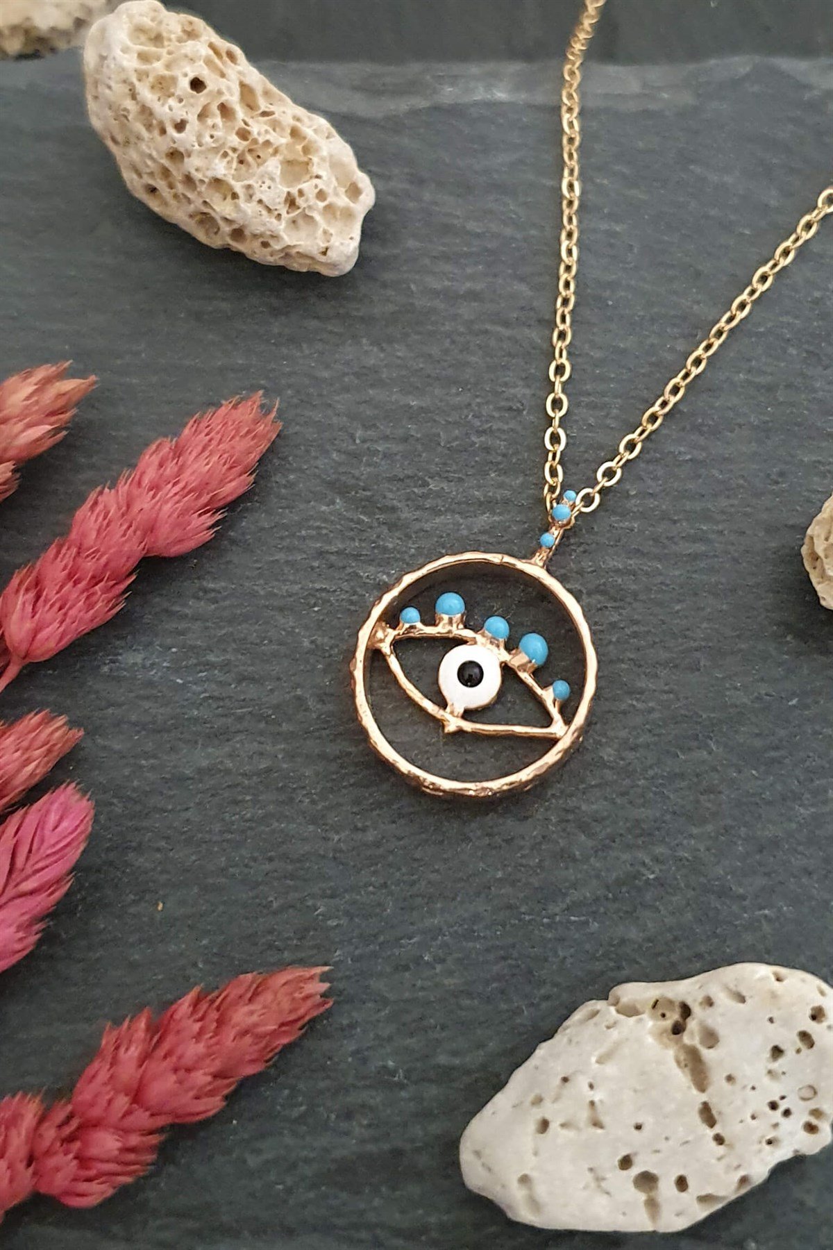 Evil Eye Kolye - Bronz Üzeri Altın Kaplama - Mavi