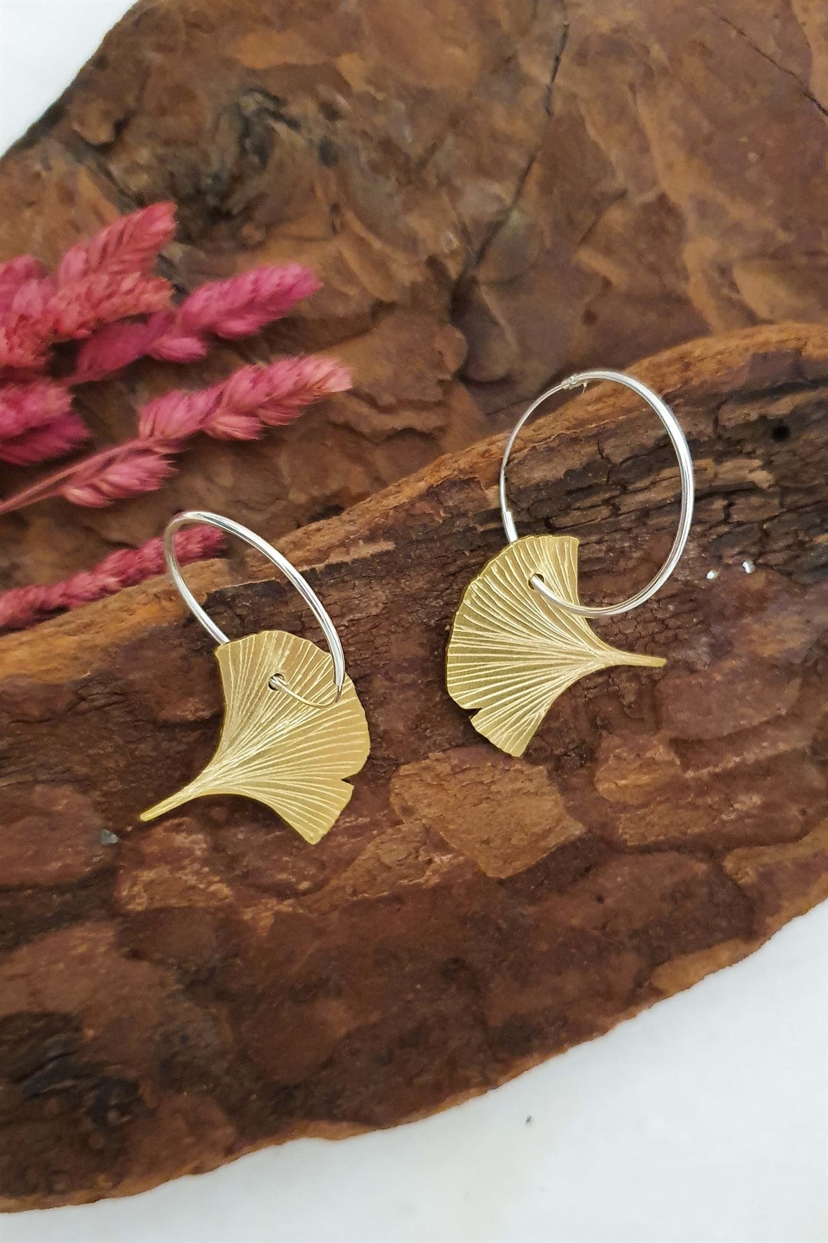 Ginkgo Küpe - El Yapımı - Pirinç