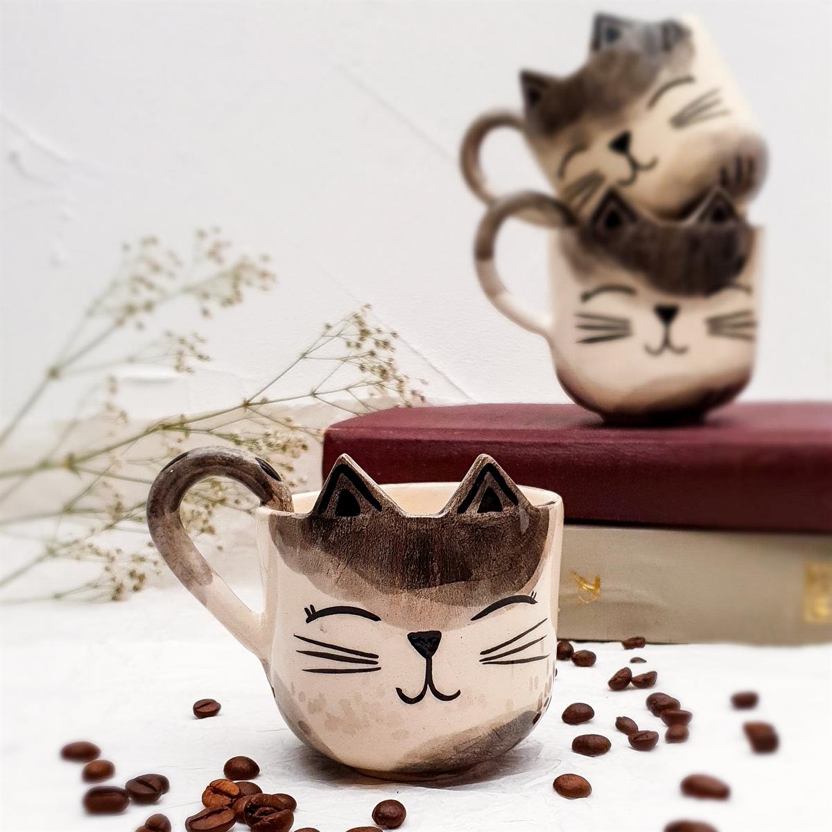 Kedi Figürlü Kahve Fincanı - Mia Handmade Art - Gri Renkli - El Yapımı  Seramik