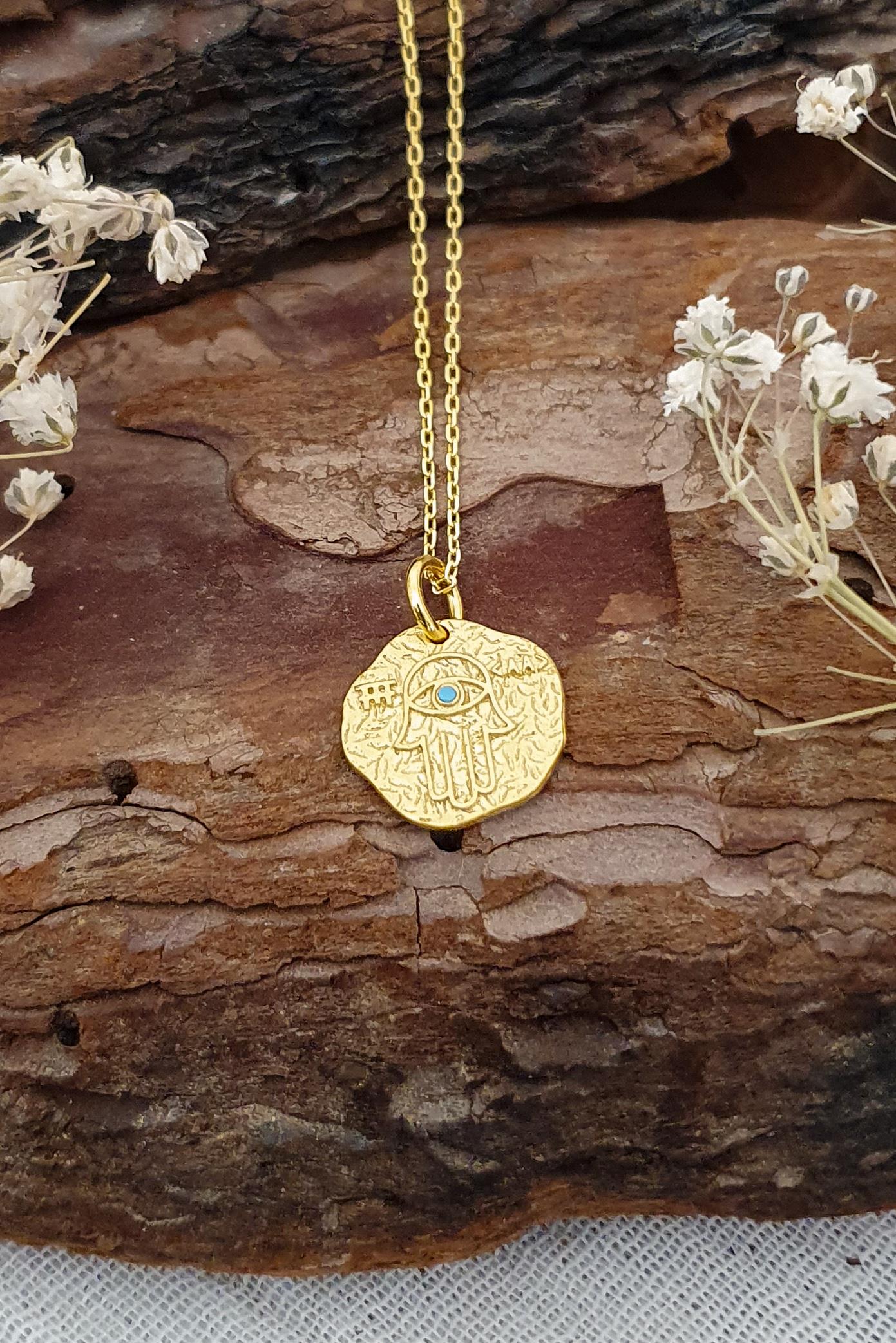 Hamsa Kolye Fatmanın Eli Doğal Taşlı Gümüş Üzeri Altın Kaplama Kolye