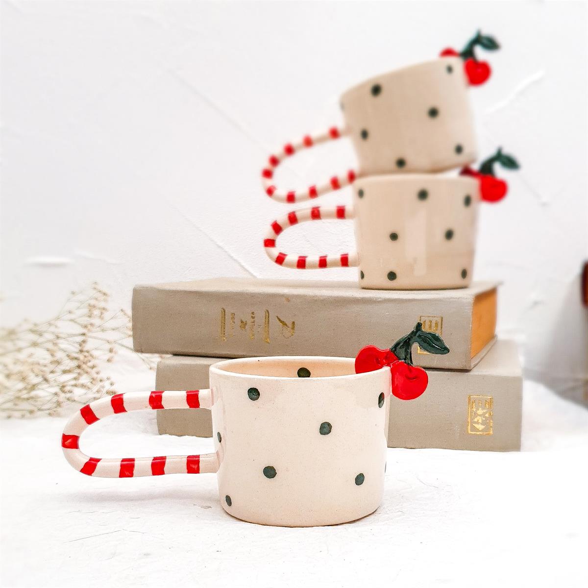 Kirazlı Duble Fincan - 3 Boyutlu Kirazlı - Renkli Puanlı