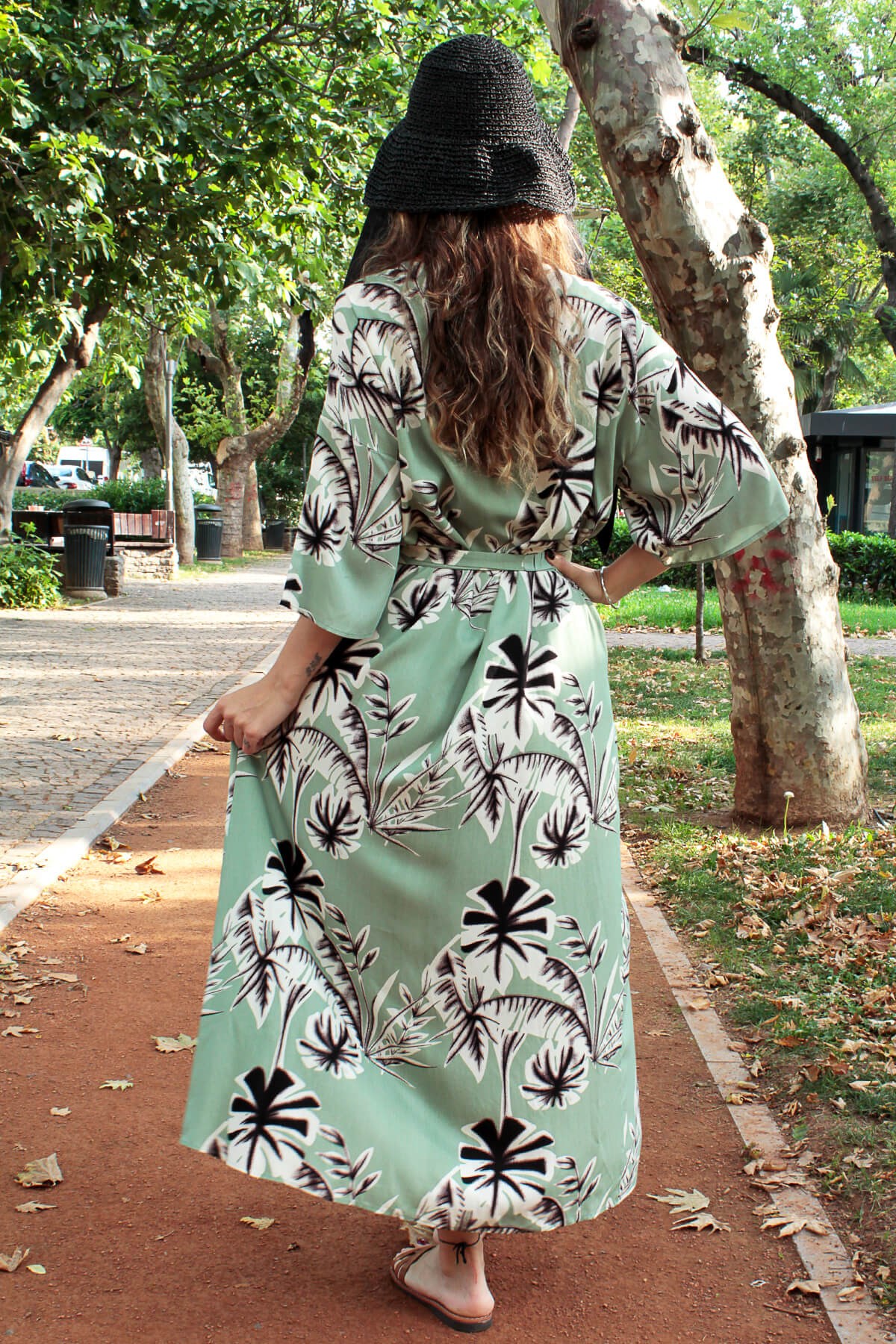 Küf Yeşili Çiçekli Kimono Elbise ÇKE218