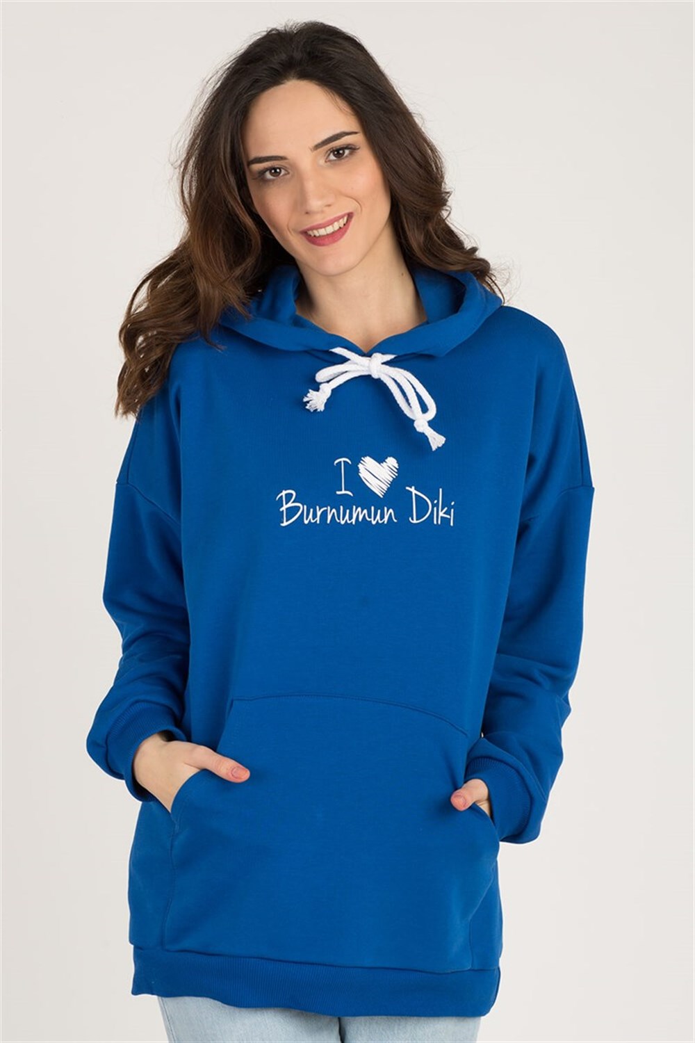 MAVİ KAPÜŞONLU I LOVE BURNUMUN DİKİ SWEATSHIRT