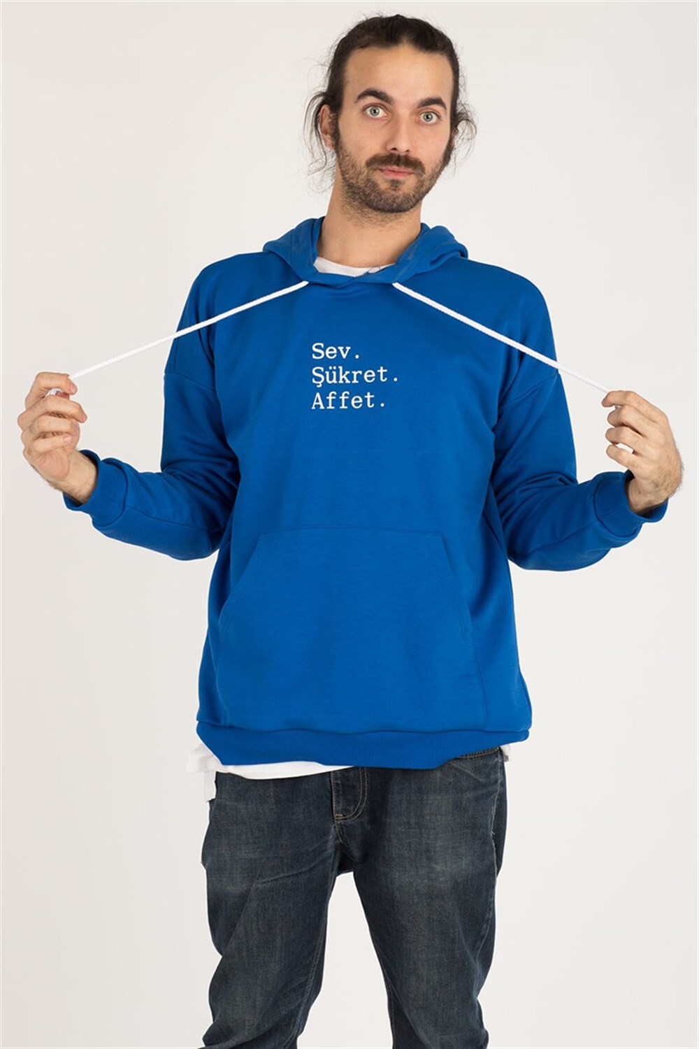 MAVİ KAPÜŞONLU SEV & ŞÜKRET & AFFET SWEATSHIRT
