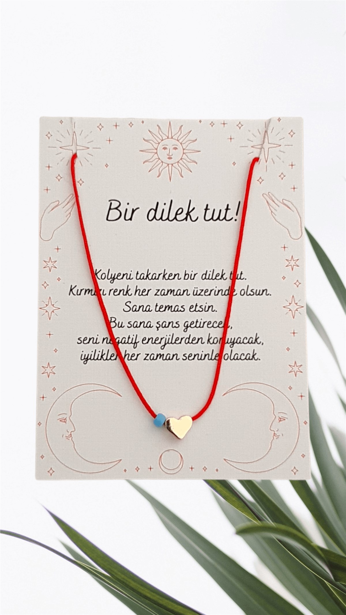 Minik Kalpli Şans Kolyesi - Kırmızı İp Kolye - Dilek Kolyesi - Mavi Boncuklu