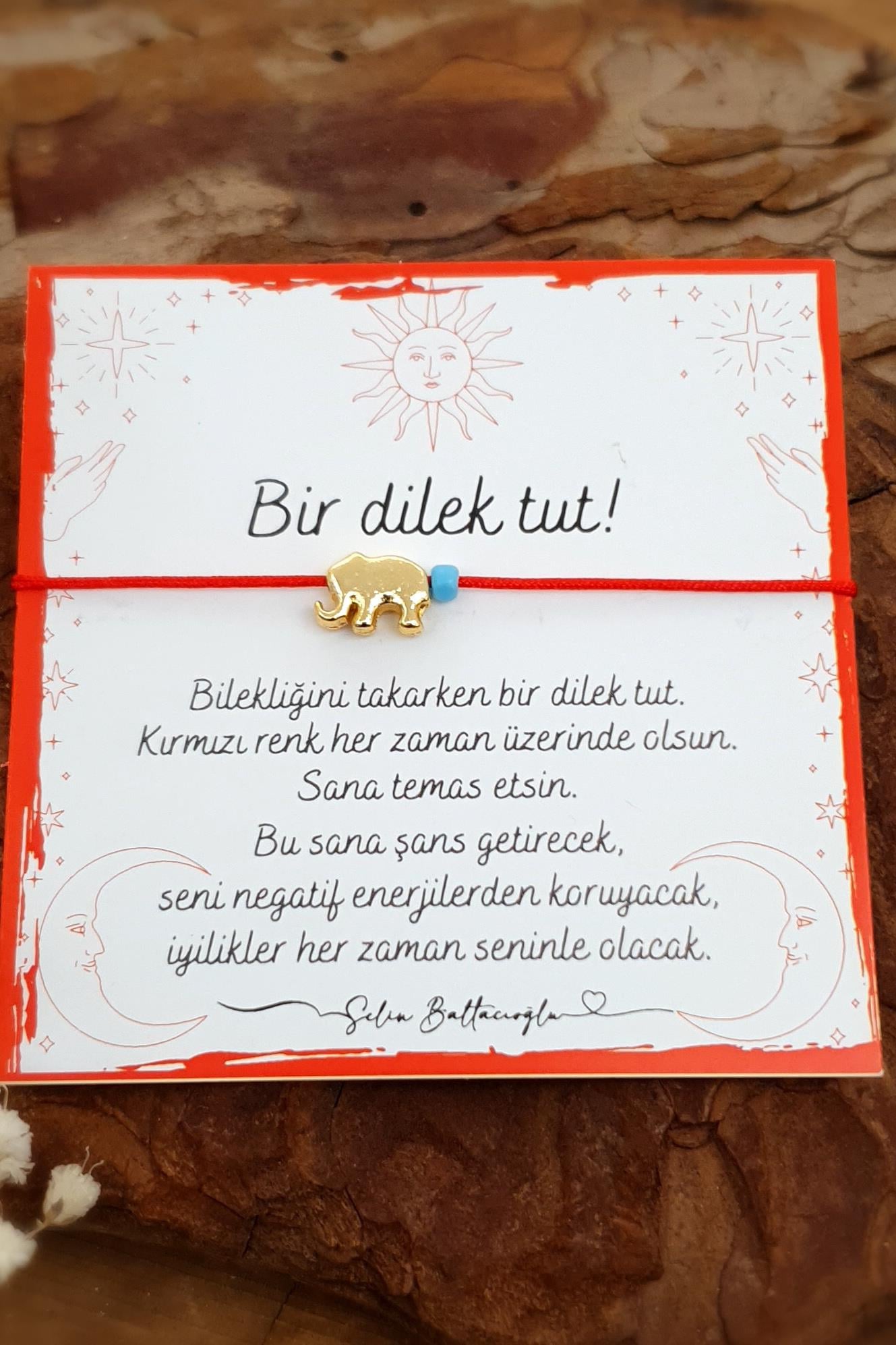 Şans Bilekliği - Kırmızı İp Bileklik - Altın Fil