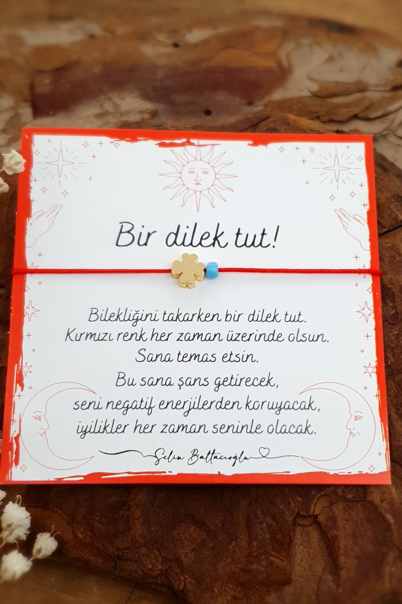 Şans Bilekliği - Kırmızı İp Bileklik - Dilek Bilekliği - Yonca Figürlü