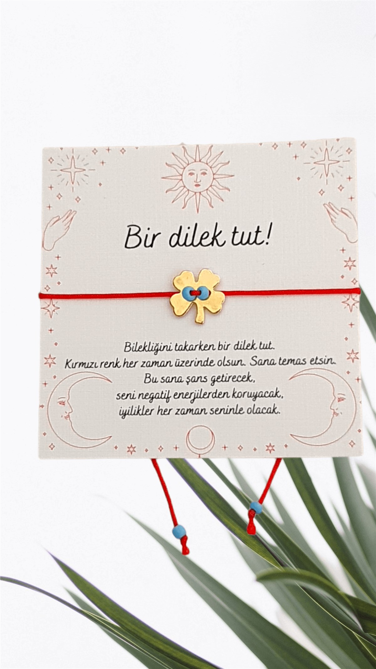 Şans Bilekliği - Kırmızı İp Bileklik - Dilek Bilekliği - Yonca Figürlü