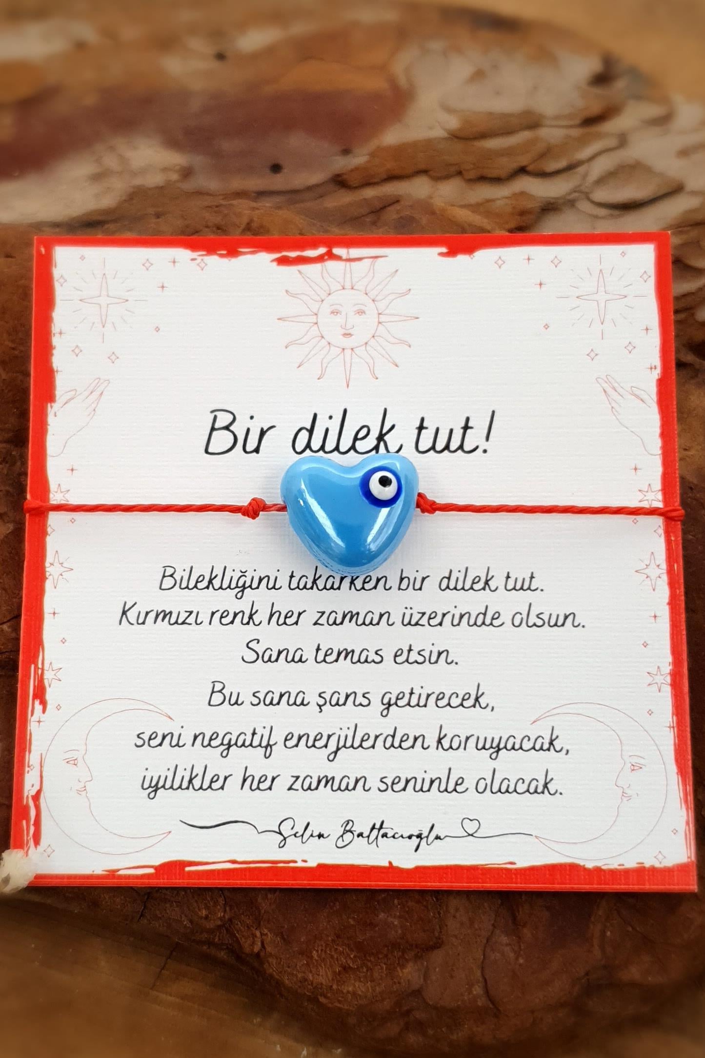Şans Bilekliği - Kırmızı İp Bileklik - Mavi Kalp