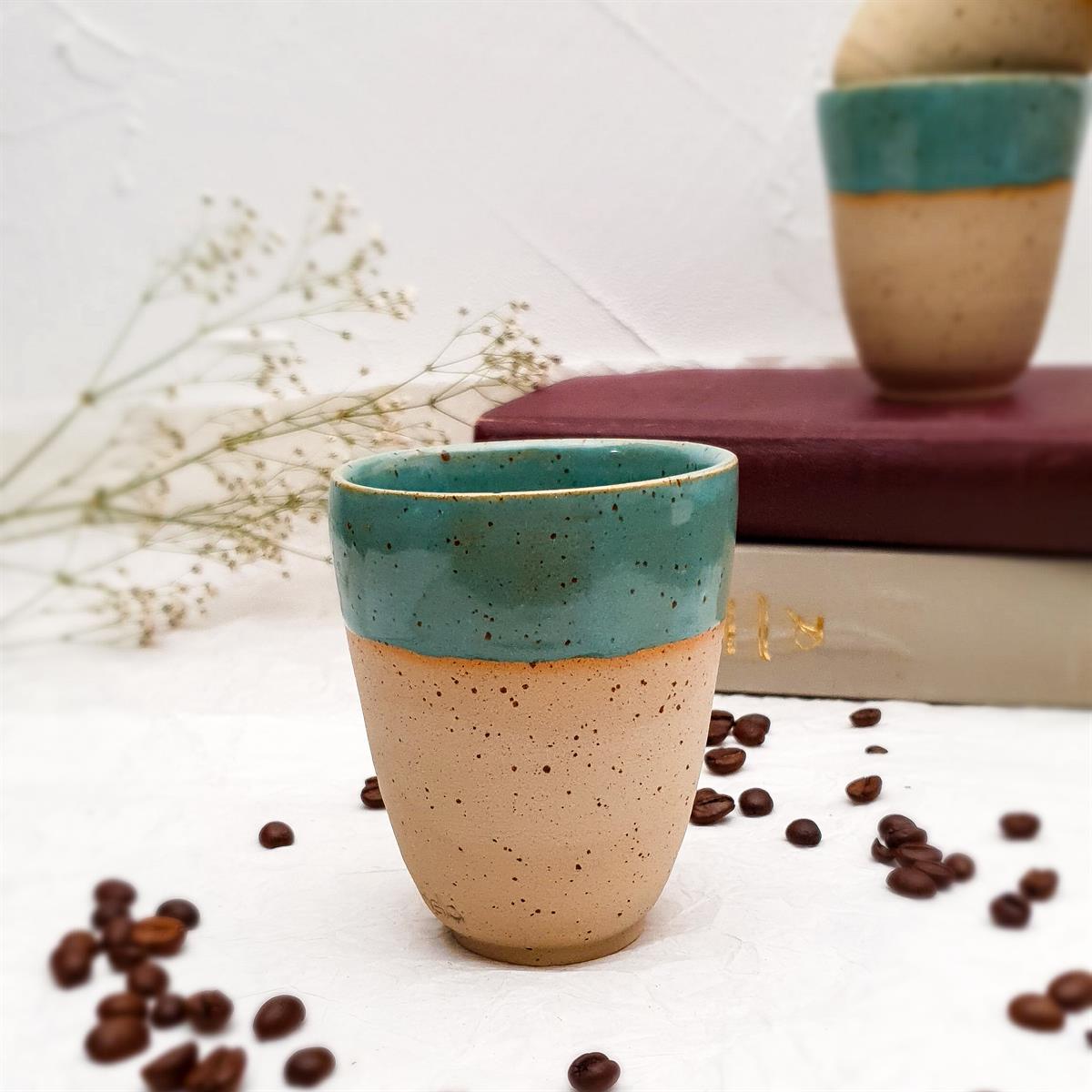 Stoneware Duble Espresso Bardağı - Koyu Renk - El Yapımı Stoneware Seramik - Yeşil