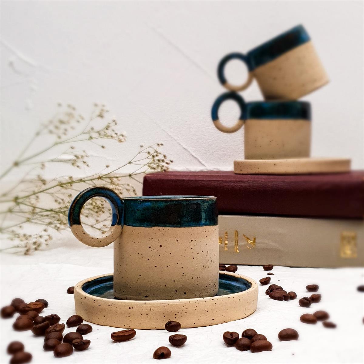 Stoneware Fincan - Tabaklı - El Yapımı Stoneware Seramik -Gece Mavisi