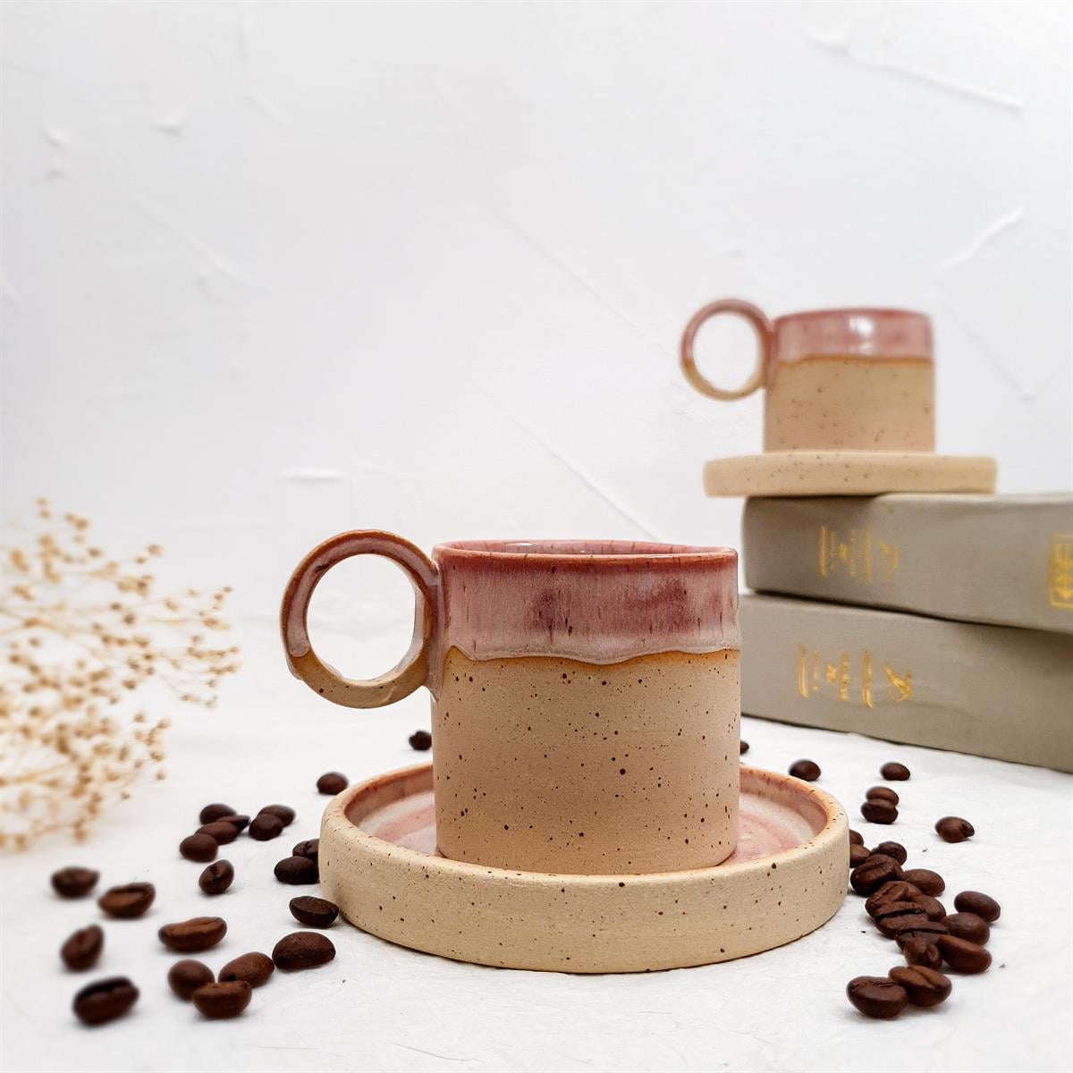 Stoneware Fincan - Tabaklı - El Yapımı Stoneware Seramik - Pudra Pembe
