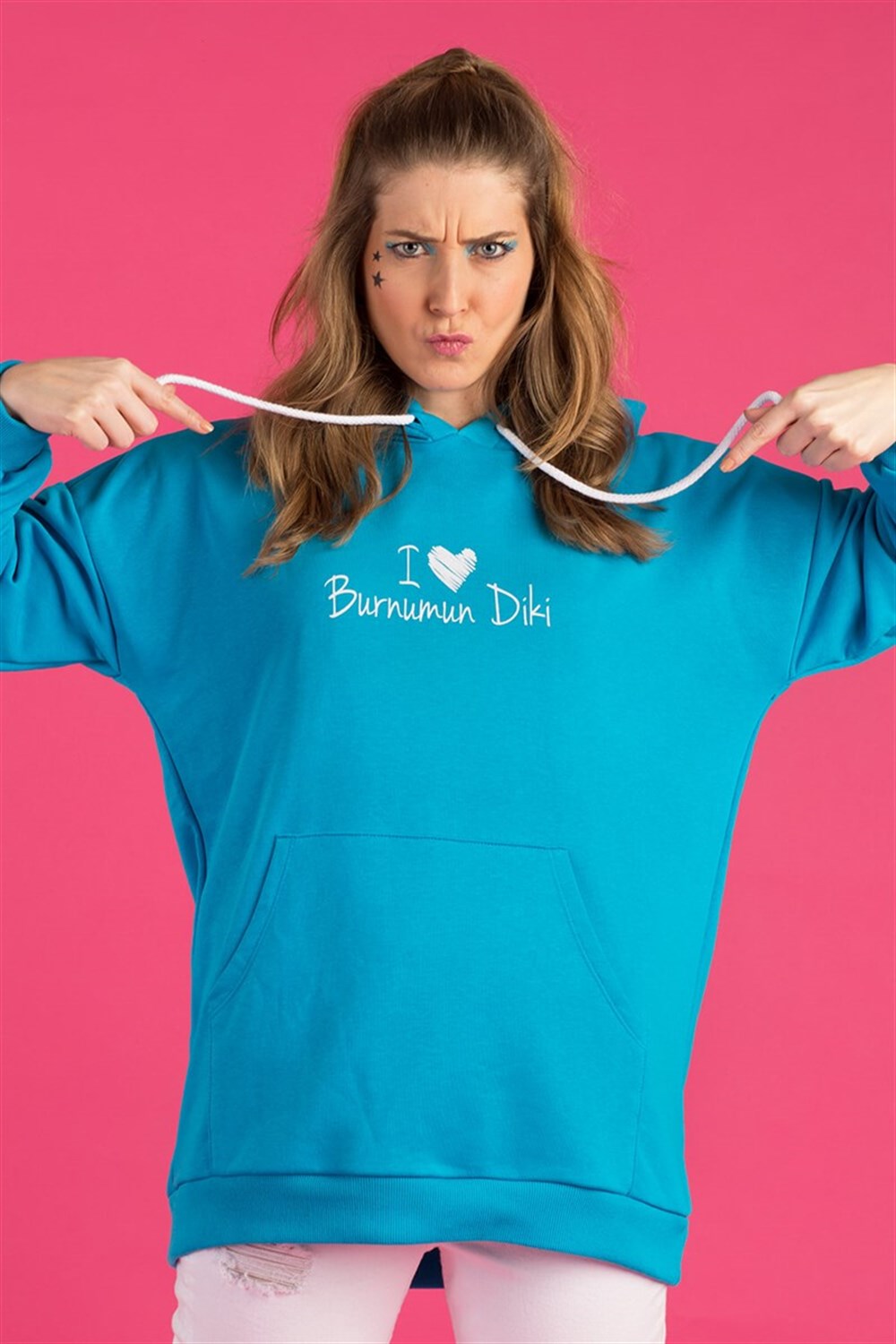 TURKUAZ KAPÜŞONLU I LOVE BURNUMUN DİKİ SWEATSHIRT
