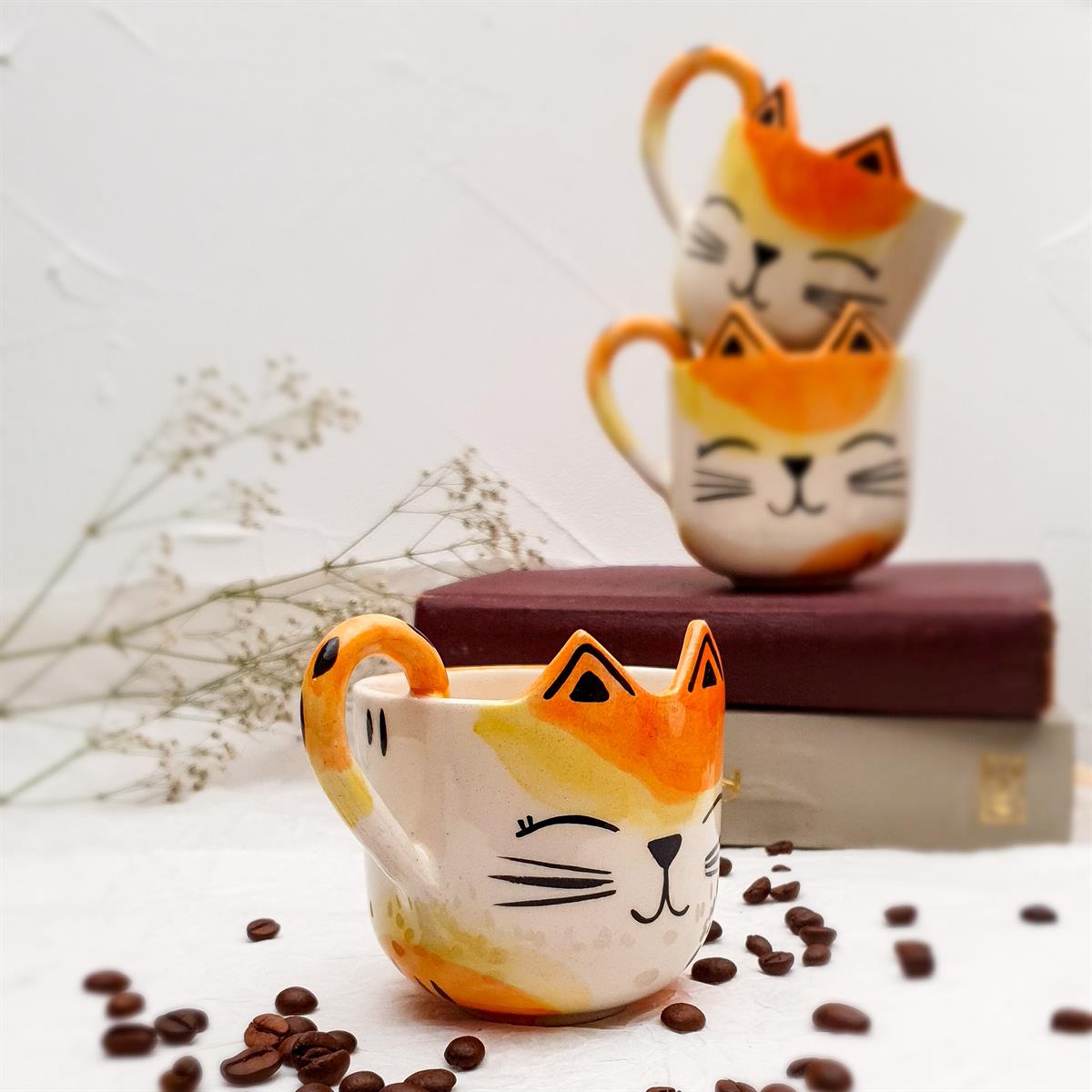 Kedi Figürlü Kahve Fincanı - Mia Handmade Art - El Yapımı Seramik