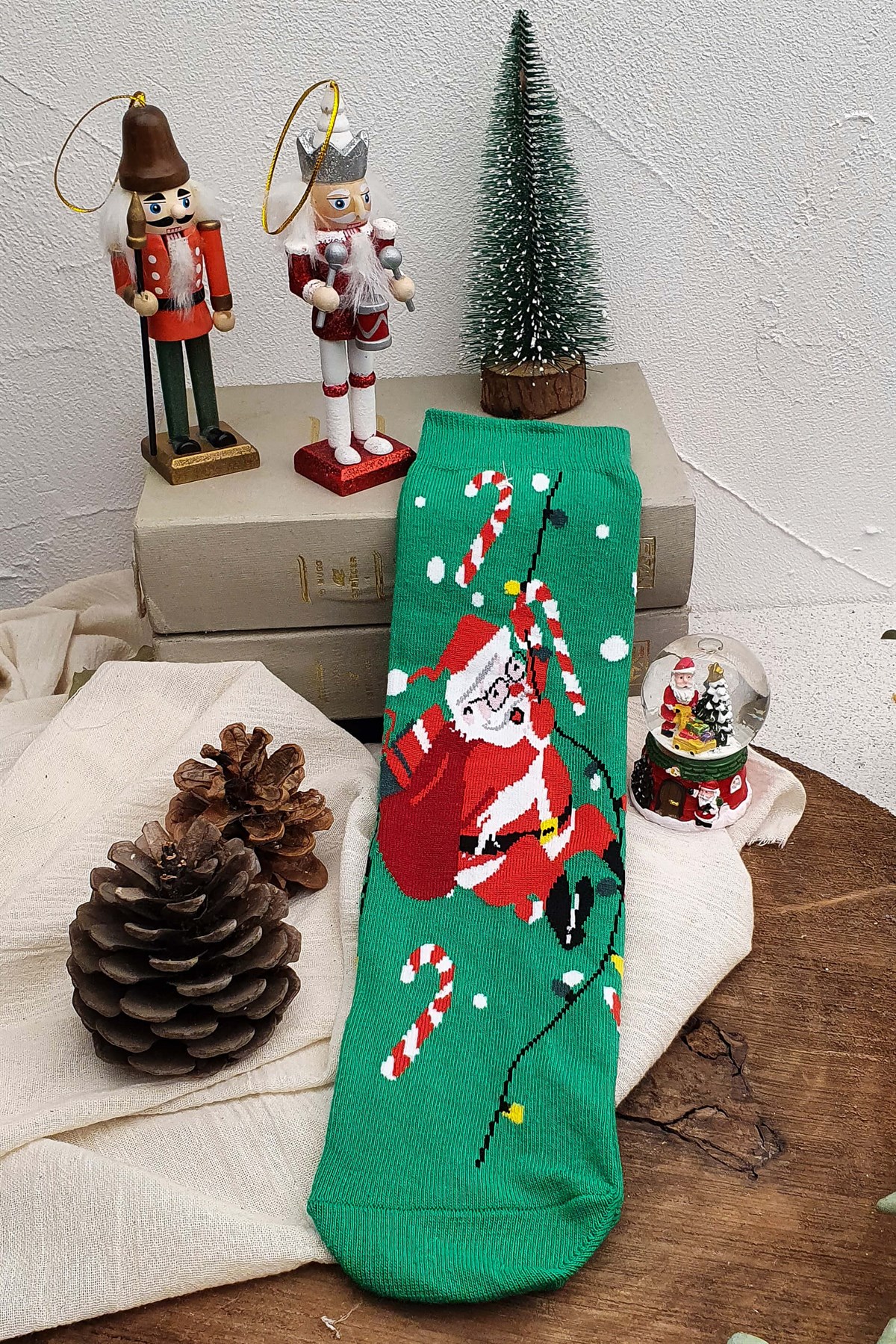 Yılbaşı Çorabı - Noel Baba Desenli - Yeşil