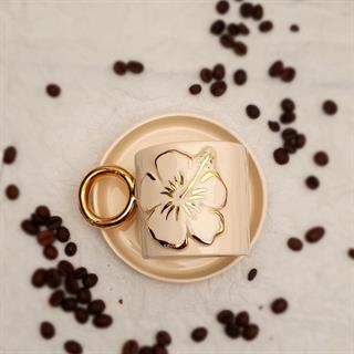 Çiçekli Fincan - Çiçek Figürlü Türk Kahvesi Fincanı - 24K Altın Detaylı