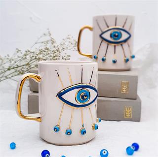 Evil Eye Büyük Boy Fincan - 450 ml - Nazar Temalı Seramik Fincan - 24K Altın Detaylı - Göz Figürlü - El Yapımı Seramik