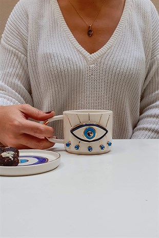 Göz Fincan - 24K Altın Detaylı - Nazar Serisi - Evil Eye Mug - El Yapımı Seramik