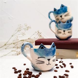 Mavi Kedi Duble Fincan - Seramik - El Yapımı