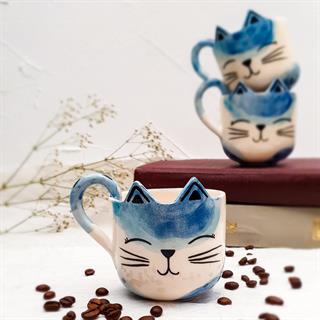 Mavi Kedi Duble Fincan - Seramik - El Yapımı