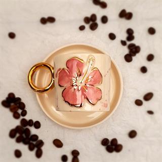 Pembe Çiçekli Fincan - Çiçek Figürlü Türk Kahvesi Fincanı - 24K Altın Detaylı