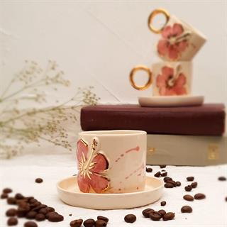 Pembe Çiçekli Fincan - Çiçek Figürlü Türk Kahvesi Fincanı - 24K Altın Detaylı