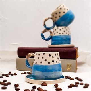 Puantiyeli Türk Kahvesi Fincanı - Mavi Renk - Seramik - El Yapımı