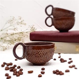 Yılan Desenli Duble Fincan - Kahverengi Kahve Fincanı - El Yapımı Seramik