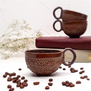 Yılan Desenli Duble Fincan - Kahverengi Kahve Fincanı - El Yapımı Seramik