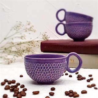 Yılan Desenli Duble Fincan - Mor Renkli Kahve Fincanı - El Yapımı Seramik
