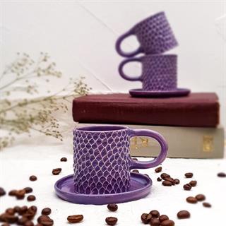 Yılan Desenli Fincan - Türk Kahvesi Fincanı - Mor Renk - El Yapımı Seramik