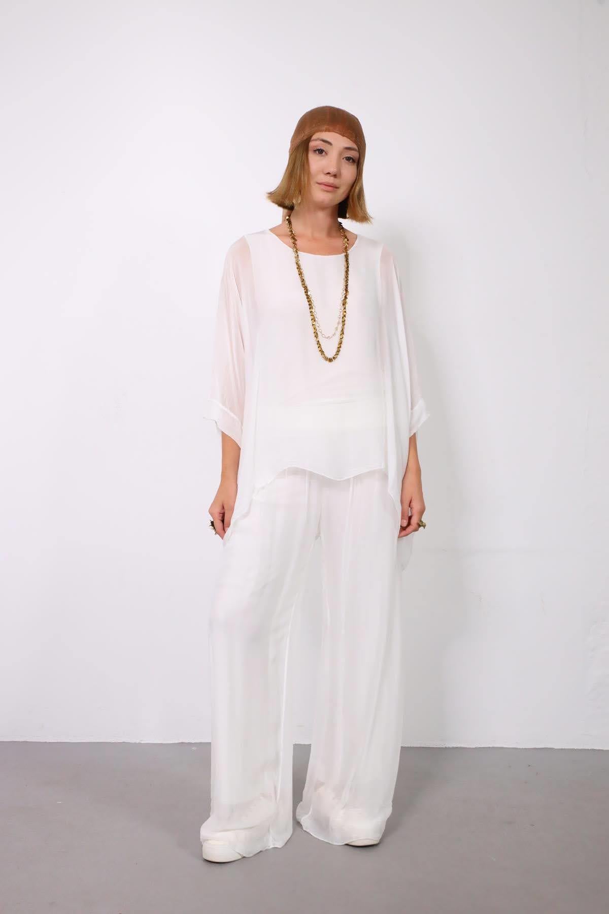 Beyaz Yarasa Kol İpek Bluz - Şaman Butik - Bohem Giyim ve Aksesuar | Kadın & Erkek Beyaz Yarasa Kol İpek Bluz