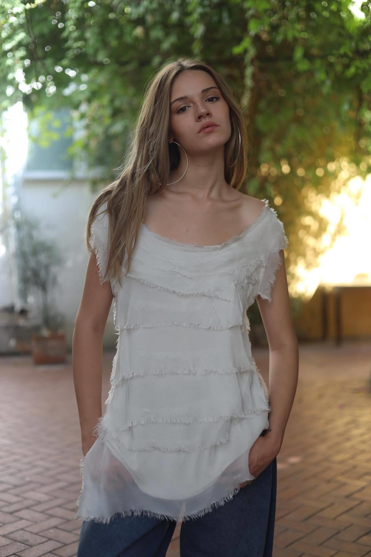 Cream Color Sleeveless Layered Silk Blouse
