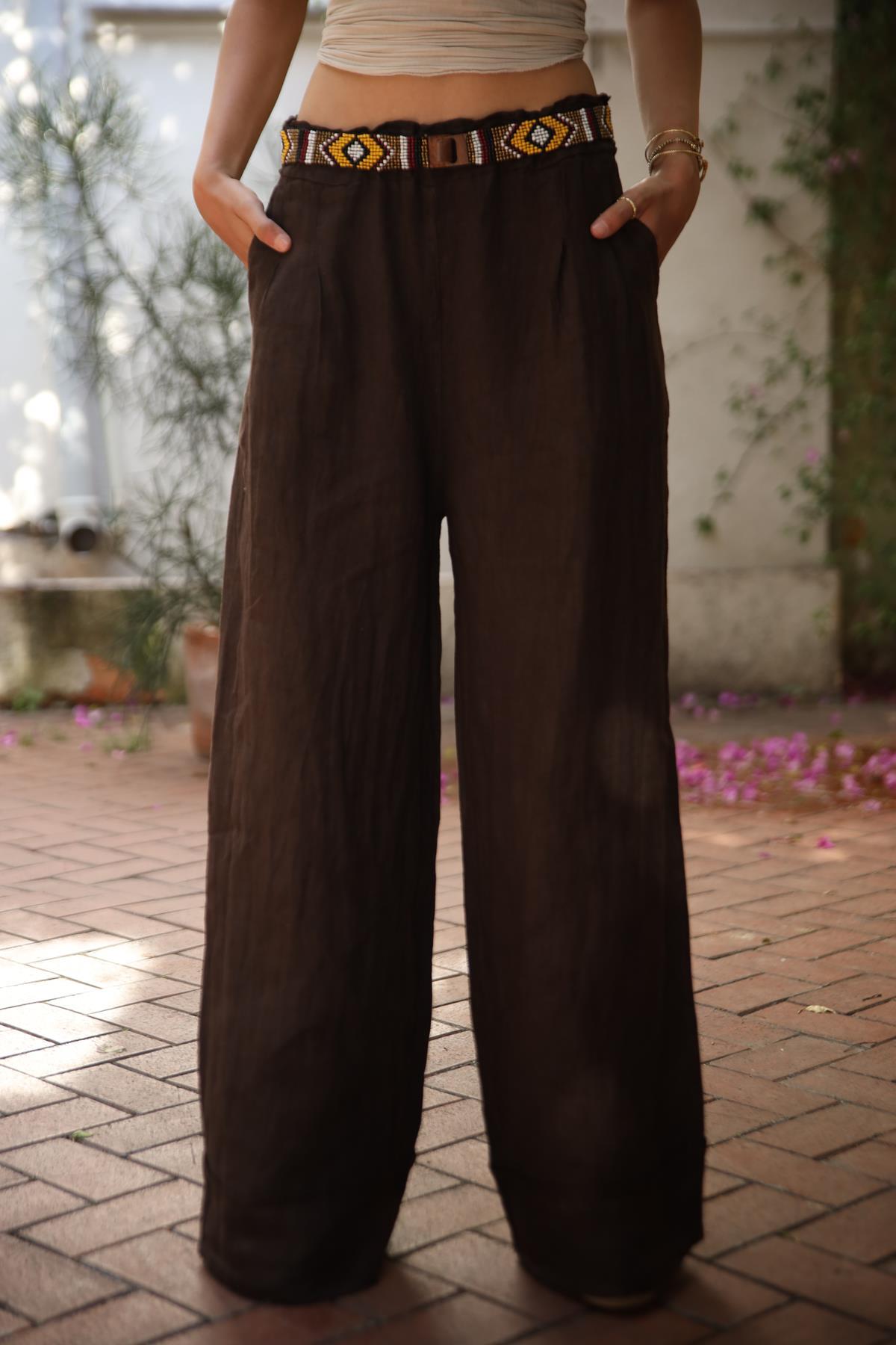 Kahverengi Paçası Katlı Keten Pantolon