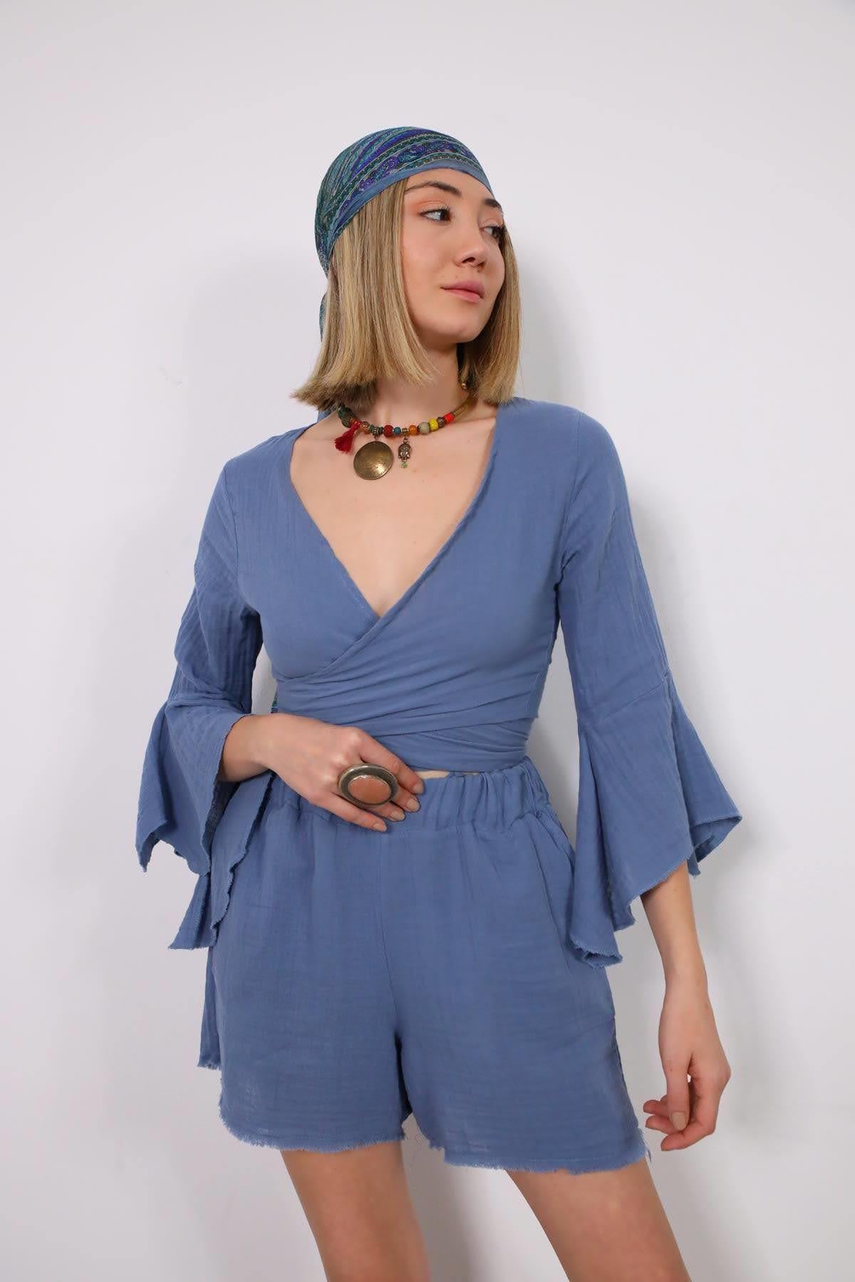 İndigo Mavi Püsküllü Müslin Şort - Şaman Butik İndigo Mavi Püsküllü Müslin Şort