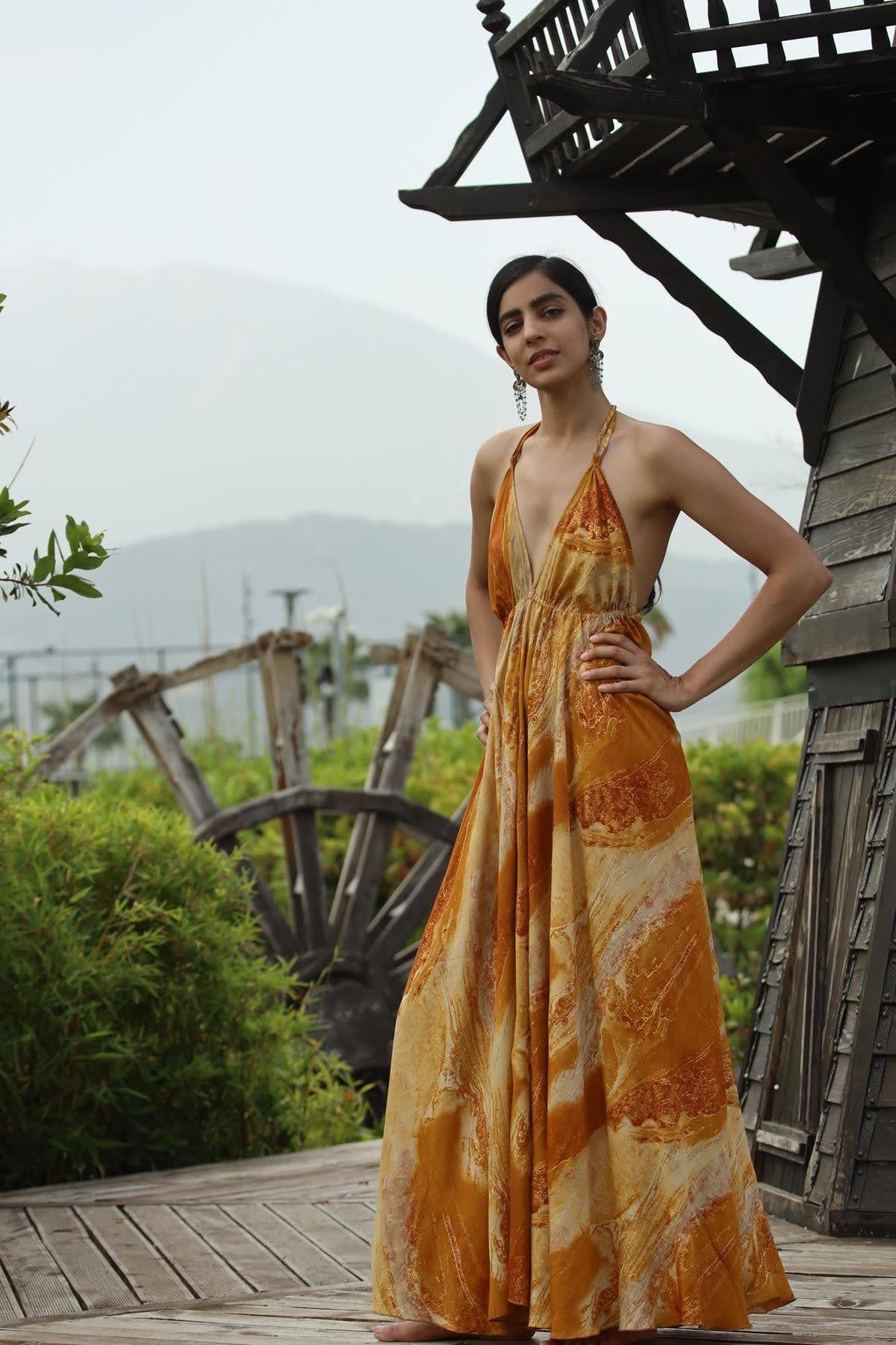 Mustard Color Tied Rope Strap Backless Silk Dress