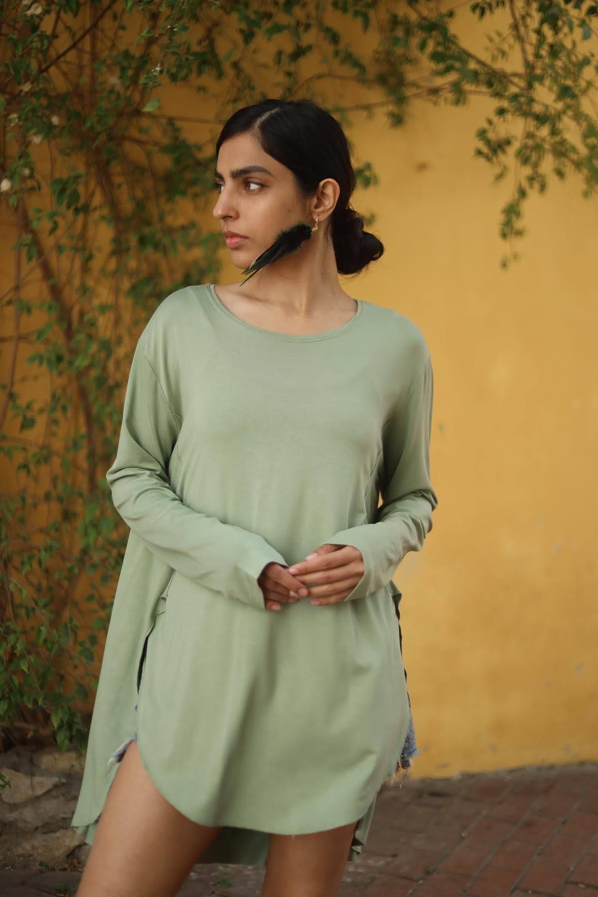 Green Crew Neck Shorter Front Tunic