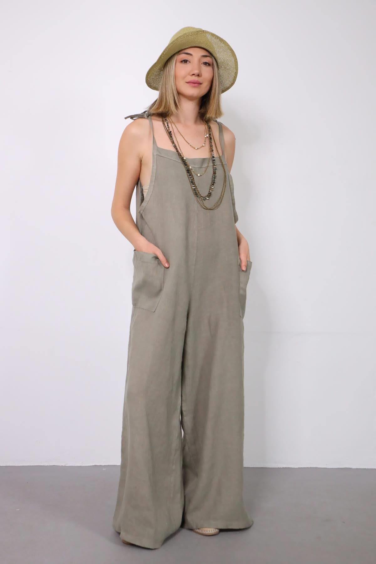 Vizon Rengi Yanları Cepli Keten Salopet Tulum - Şaman Butik Vizon Rengi Yanları Cepli Keten Salopet Tulum