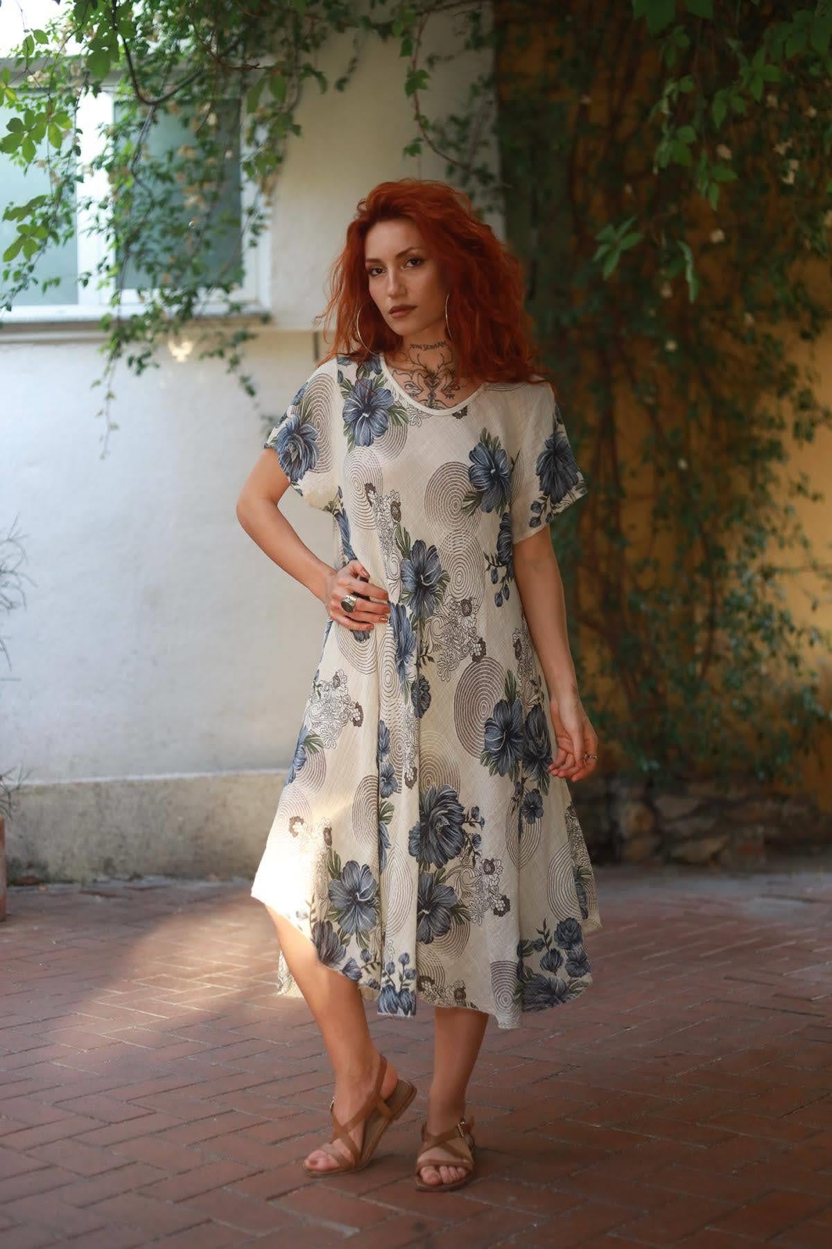 Vizon Rengi Spiral Çiçek Desenli Midi Elbise