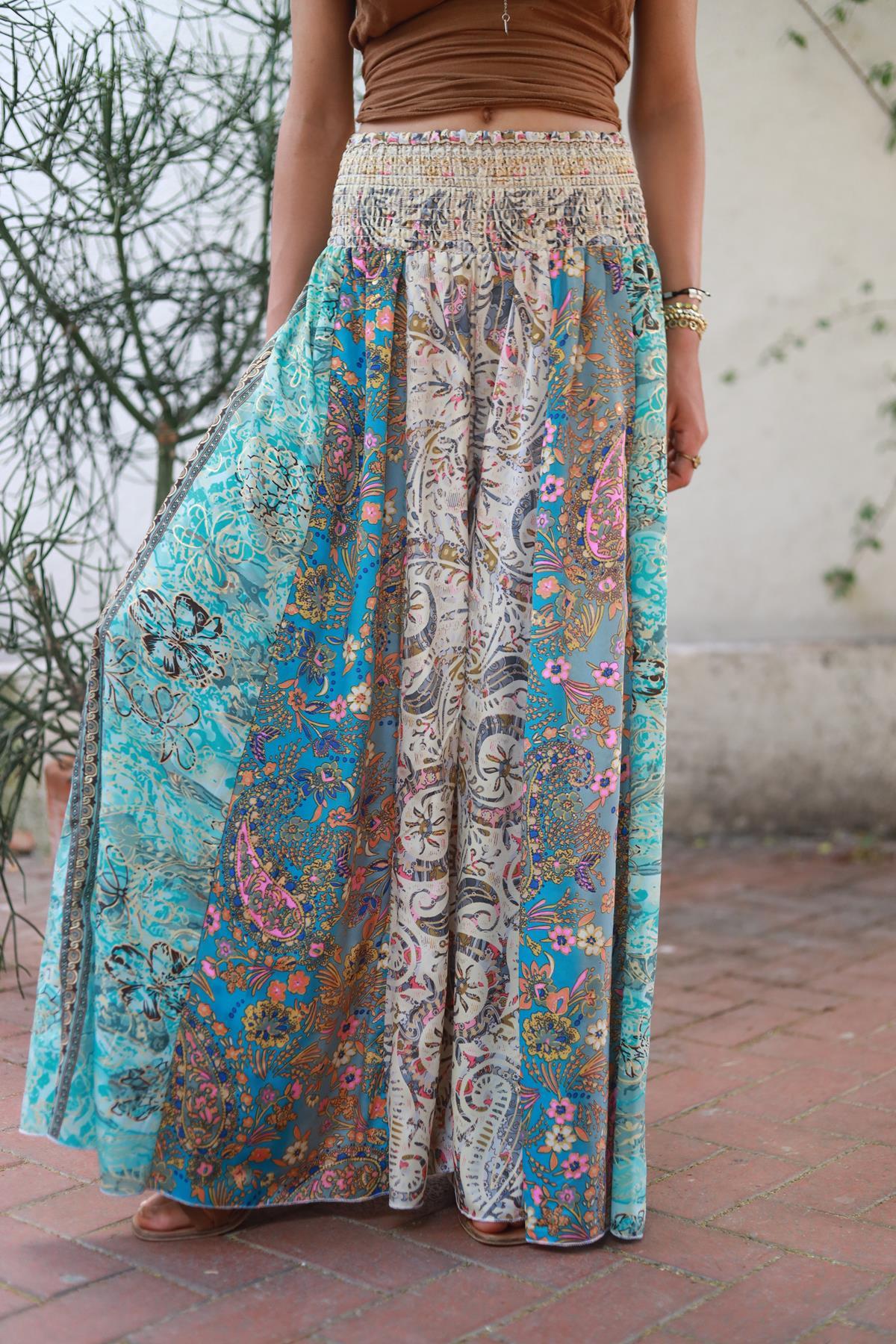 Renkli Beli Gipeli Patchwork İpek Pantolon Etek