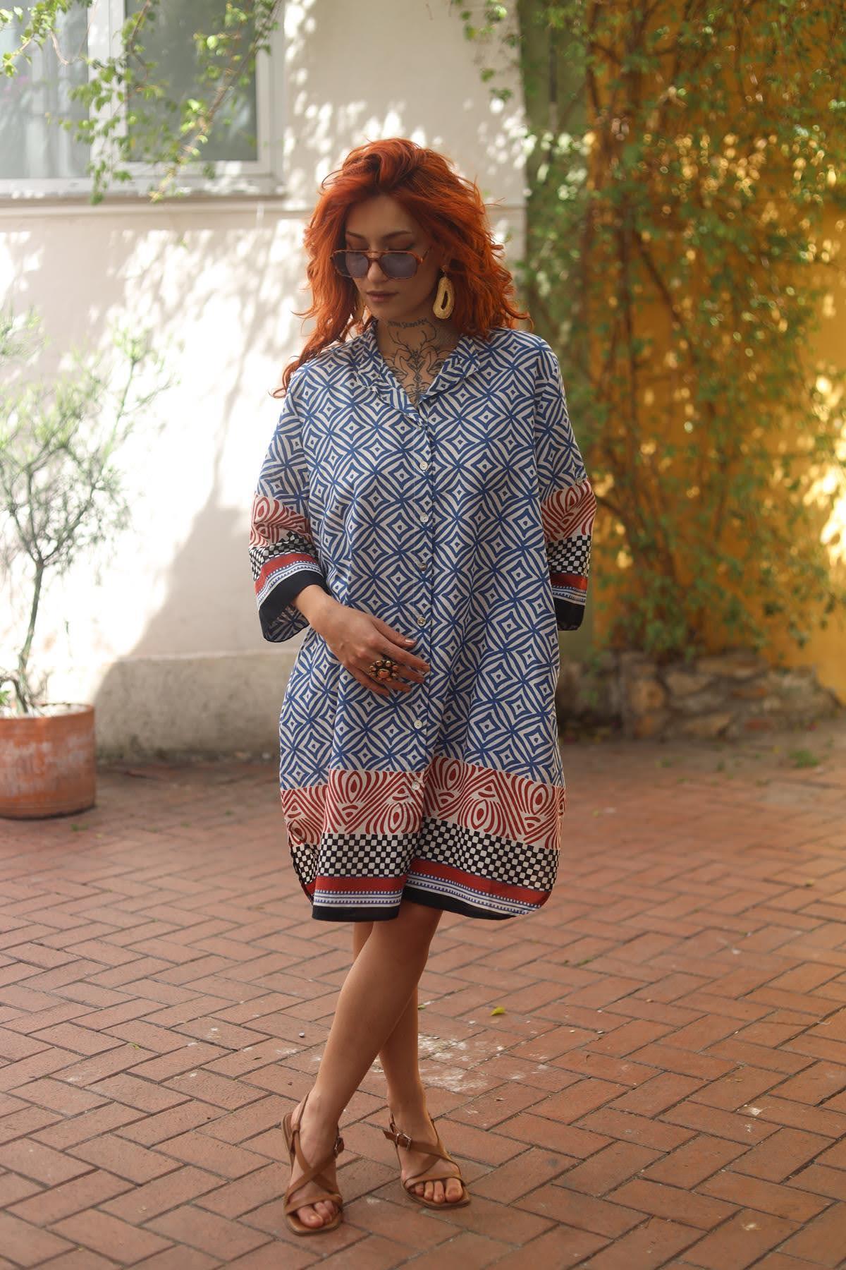 Blue Garnished Authentic Patterned Mandarin Collar Shirt Dress