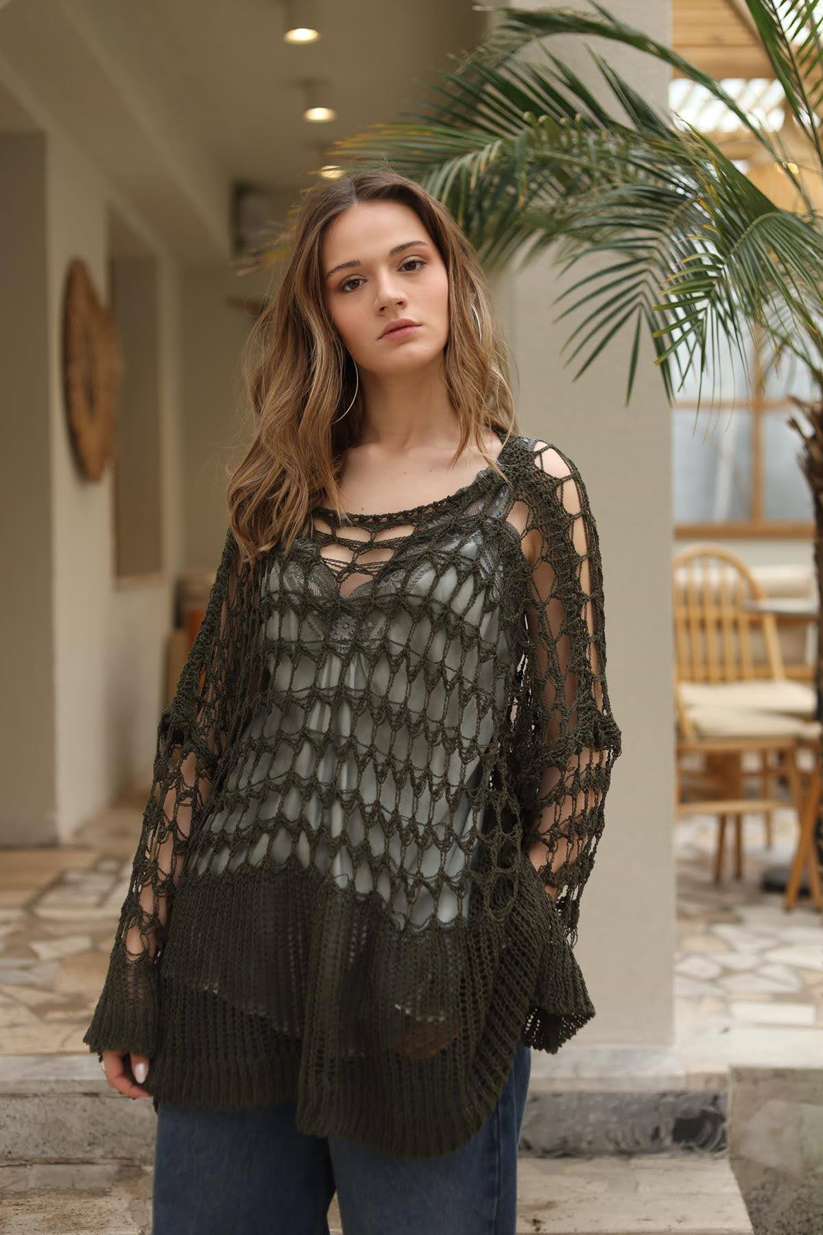 Haki File Parça Detaylı Triko Merserize Bluz