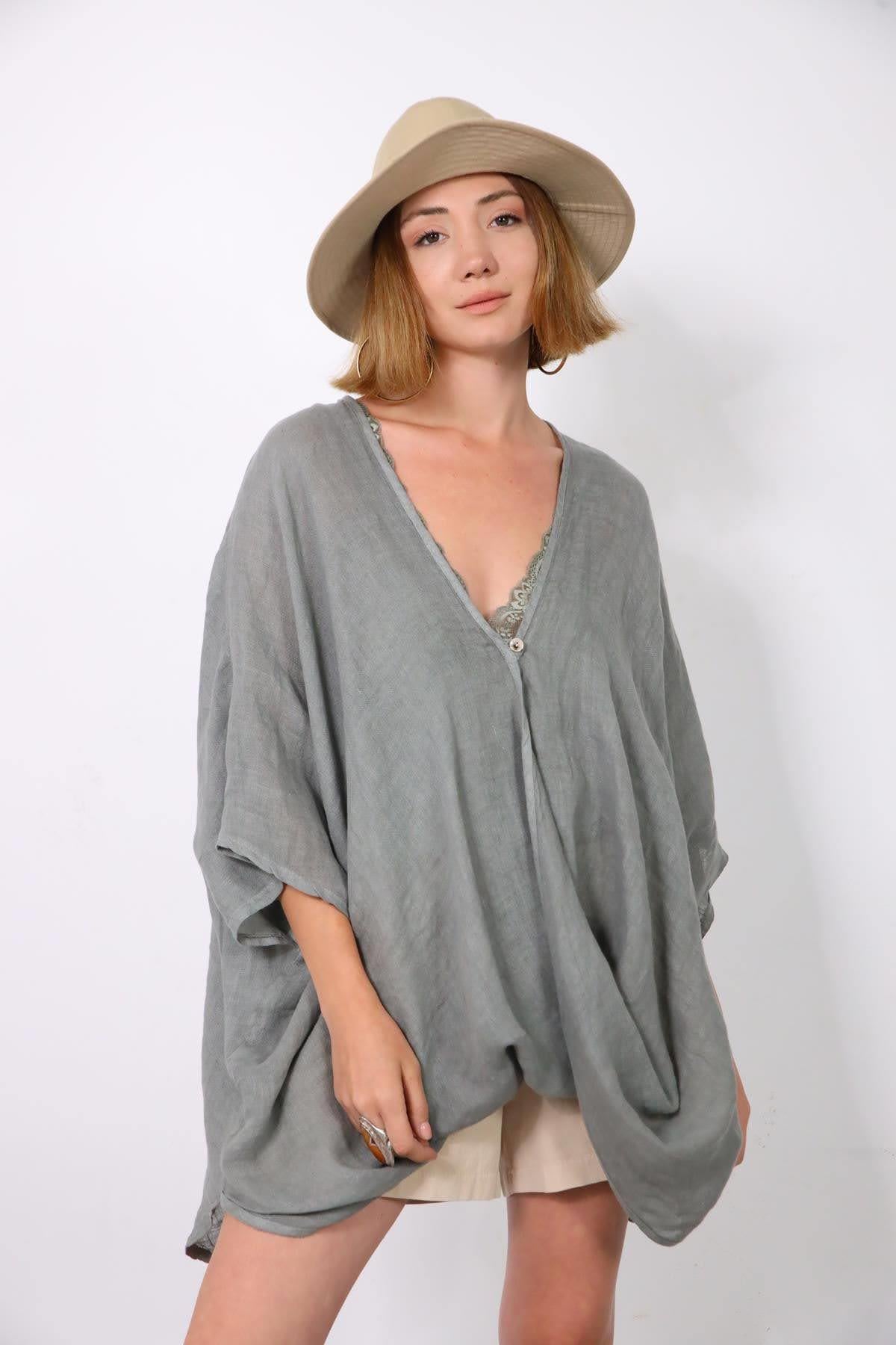 Su Yeşili Tek Düğme Keten Judith Bluz - Şaman Butik - Bohem Giyim ve Aksesuar | Kadın & Erkek Su Yeşili Tek Düğme Keten Judith Bluz