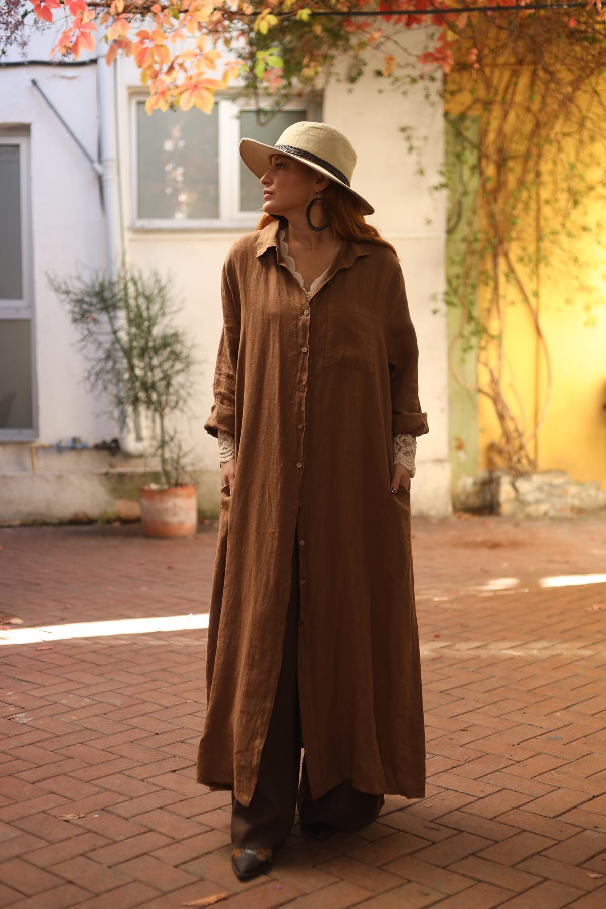 Tarçın Rengi Tek Cepli Keten Gömlek Elbise