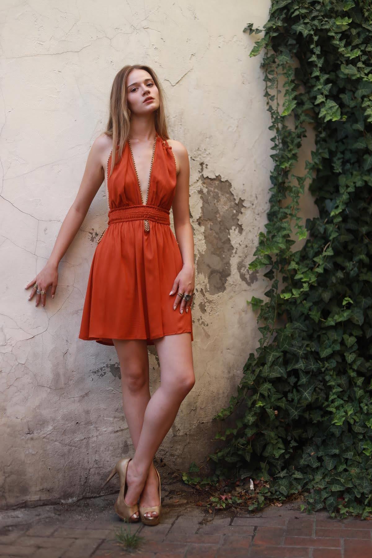 Brick Color Beaded Short Bohemian Dress